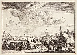 Vinterlandskab med slæder og skøjteløbere på en kanal by Pieter Bout