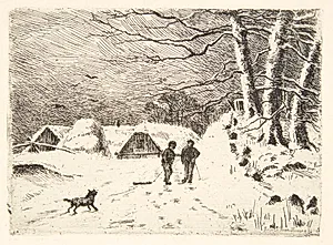 Vinterlandskab. Ved et skovfogedhus. by Louise Ravn-Hansen