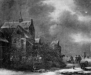 Vinterstykke. Hollandsk by med vandmølle by Nicolaes Molenaer