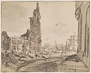 Vu over nordøst og nordvest hjørnerne af Grand Place efter bombardementet i 1695