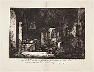 Vue de la piecé ou se faisoit la préparation du bain chaud, dans une maison batie sur les murs de la Ville de Pompeiia, et en faisant partie by Francesco Piranesi
