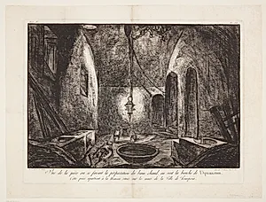 Vue de la piecé ou se faisoit la préparation du bain chaud, on voit la bouche de lIpocaustum. Cette piéce apartient à la Maison située sur les murs de la Ville de Pompeiia by Francesco Piranesi