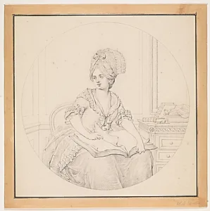 Yngre dame, bladrende i en foliant, der ligger på hendes skød by W.A. Müller