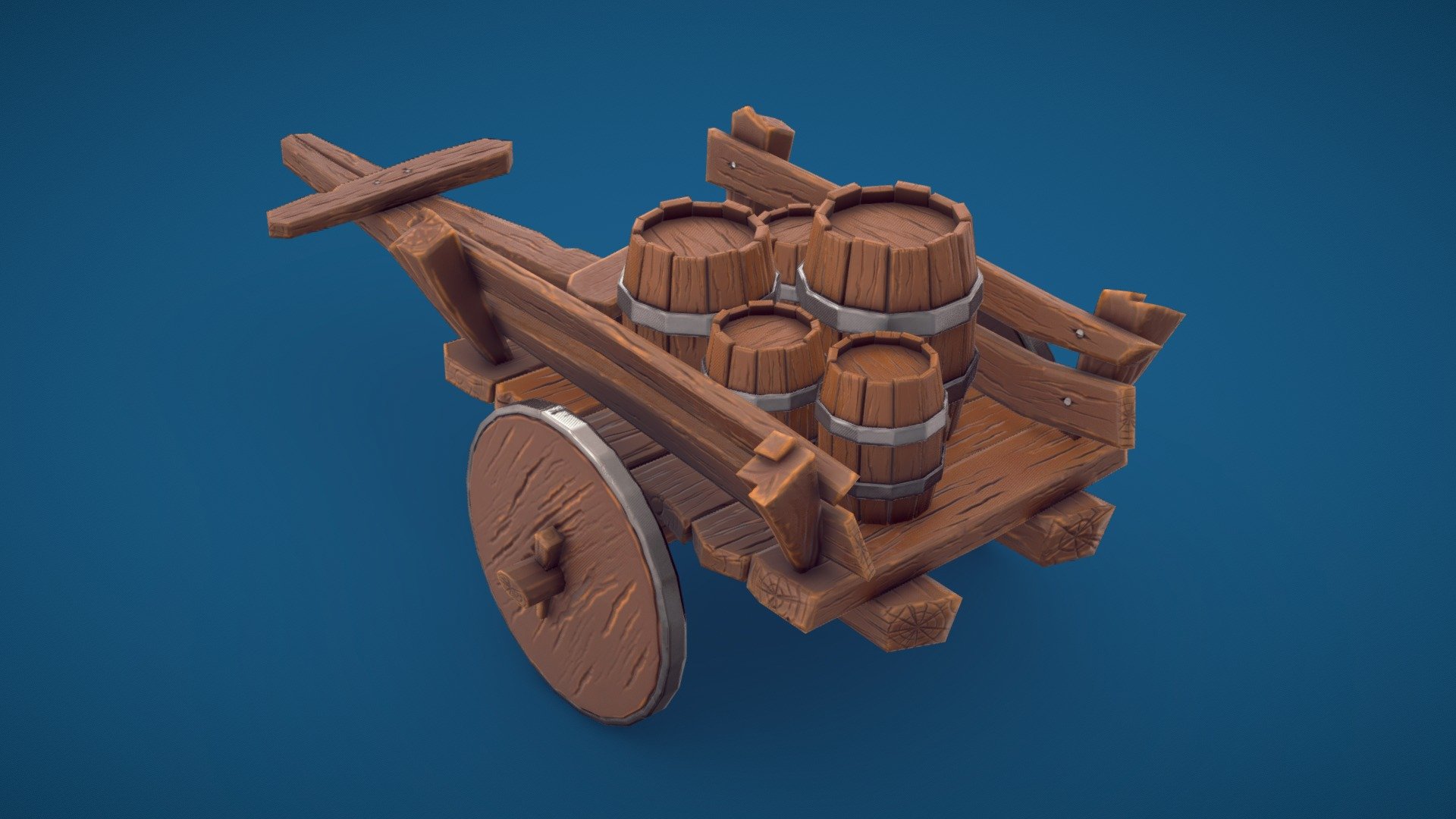 Low Poly Stylized Cart with Wooden Barrels