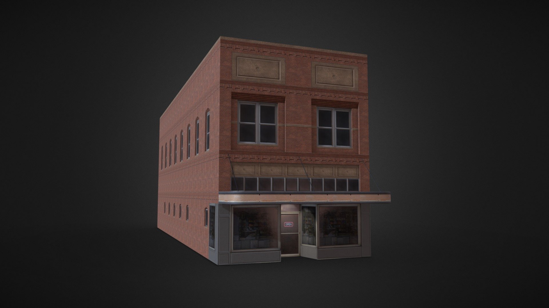 Low-poly Old American brick building with shop.