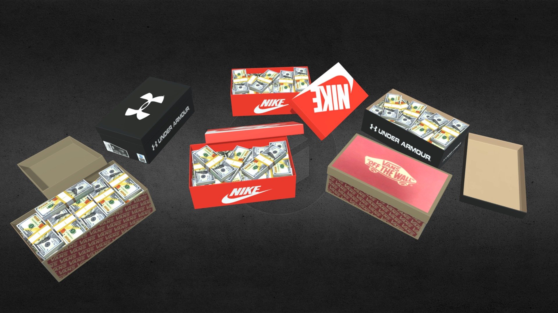 Shoe boxes full of cash (low poly, game ready)