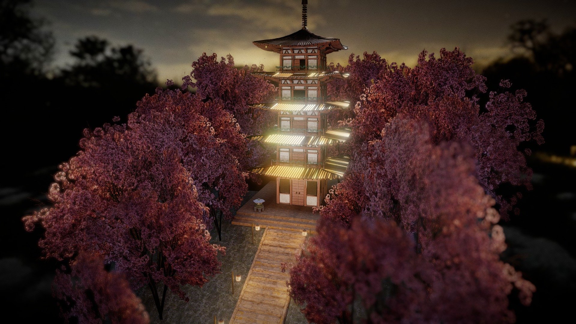 pagoda and cherry blossom game scene baked