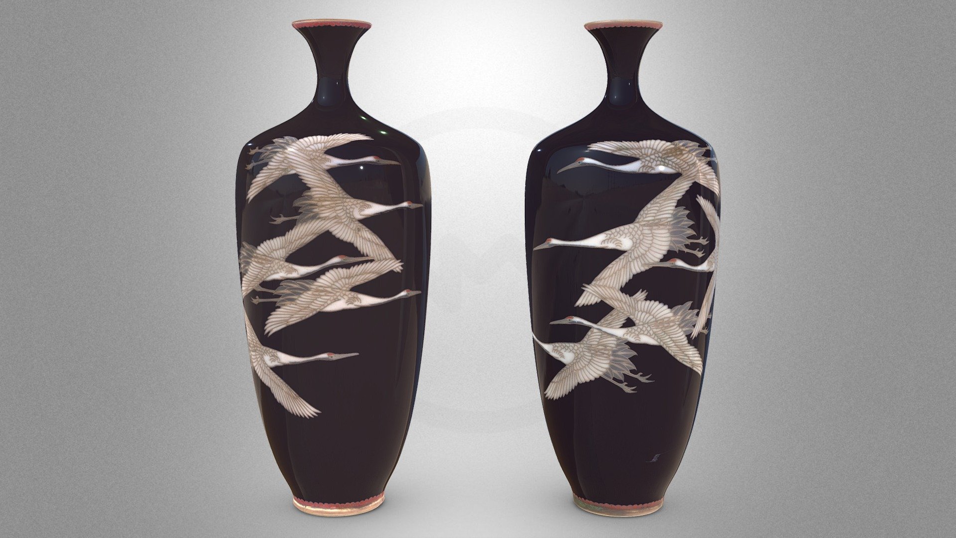 Two small vases ornamented with cranes in flight