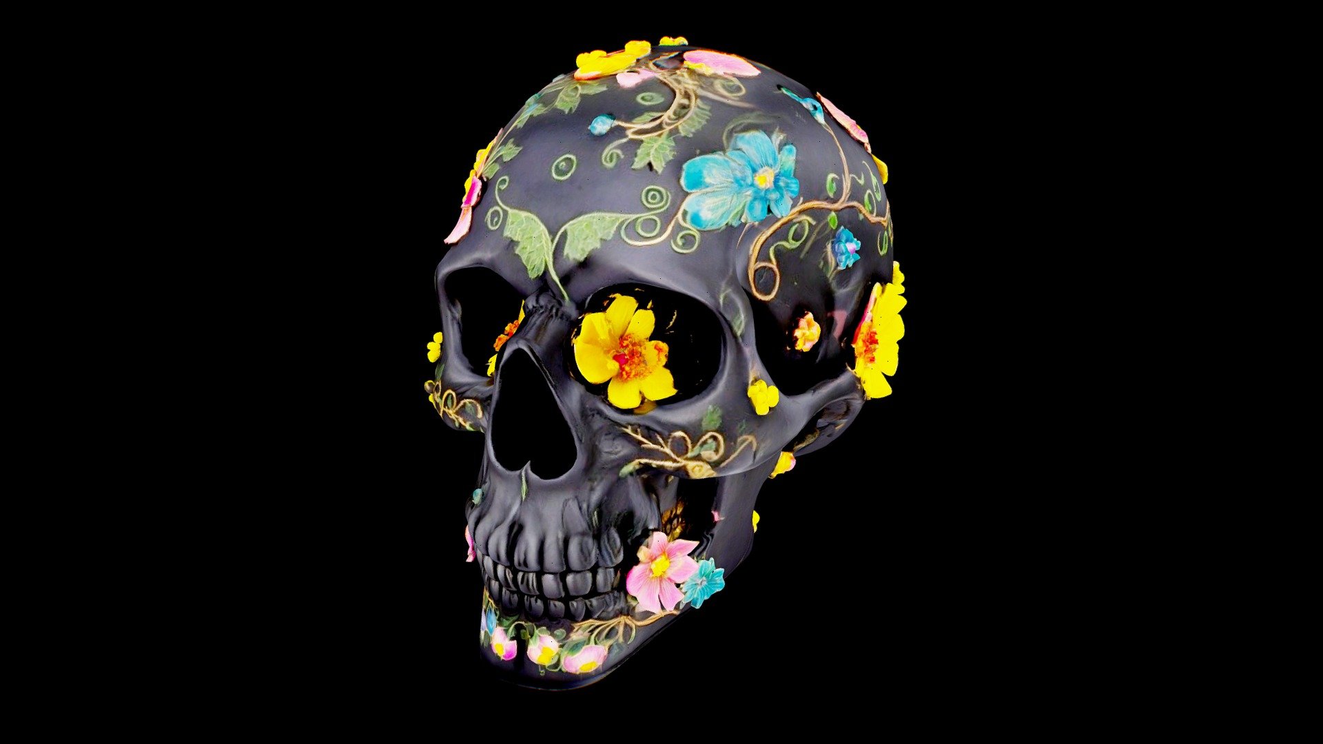 Black Mexican Skull with Flower Pattern