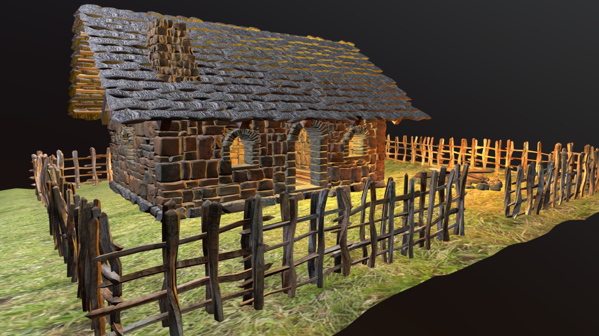 Stone Hut with Camp Fire