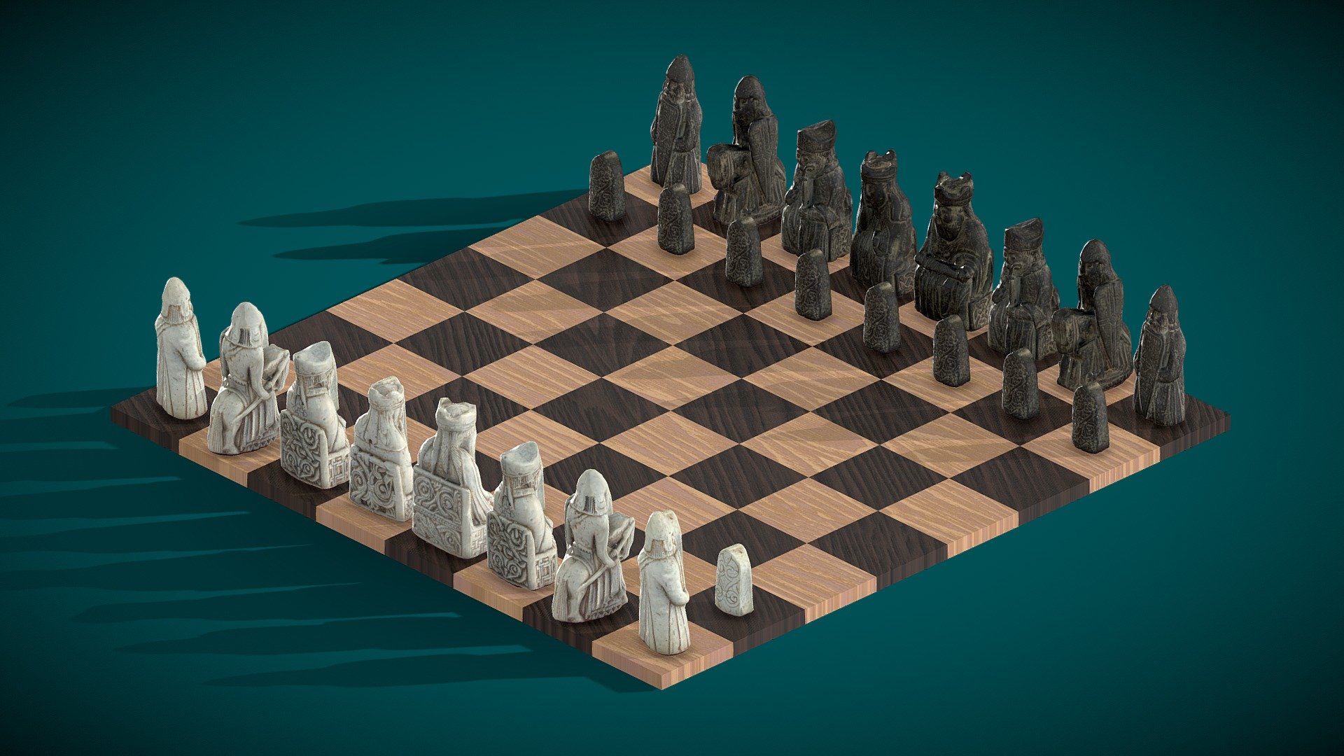 Replica Lewis Chess Pieces on Chessboard