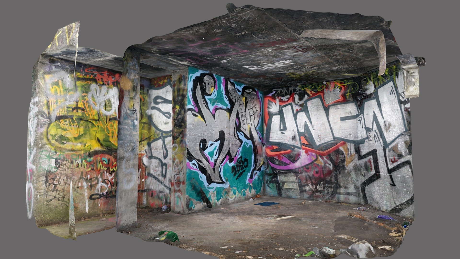 Small concrete bunker with graffiti