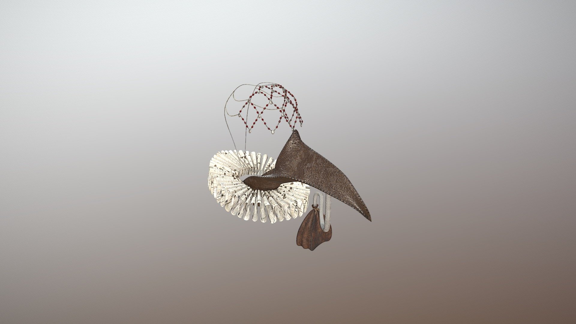 Beaked mask with ruff collar and beaded veil