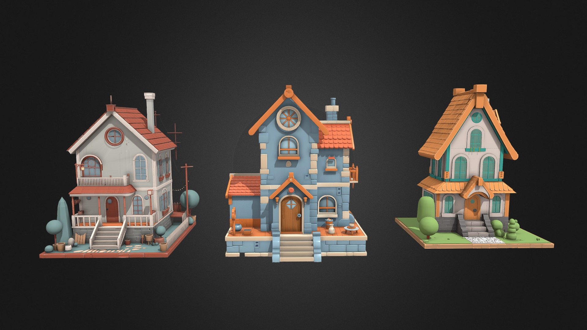 Cartoon two-story villa low polygon 3D model