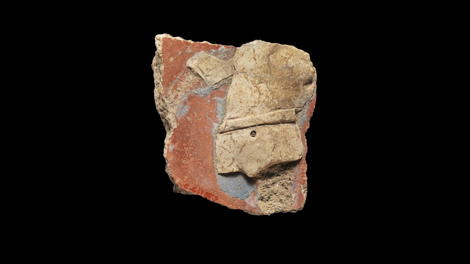 Stucco fragment with male torso, double-sided