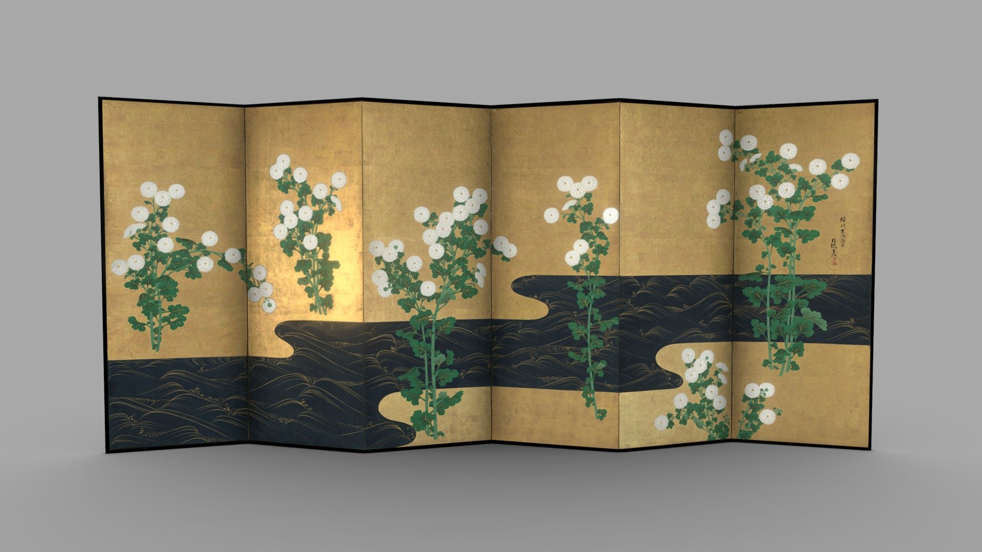 'Chrysanthemums by a Stream', byōbu