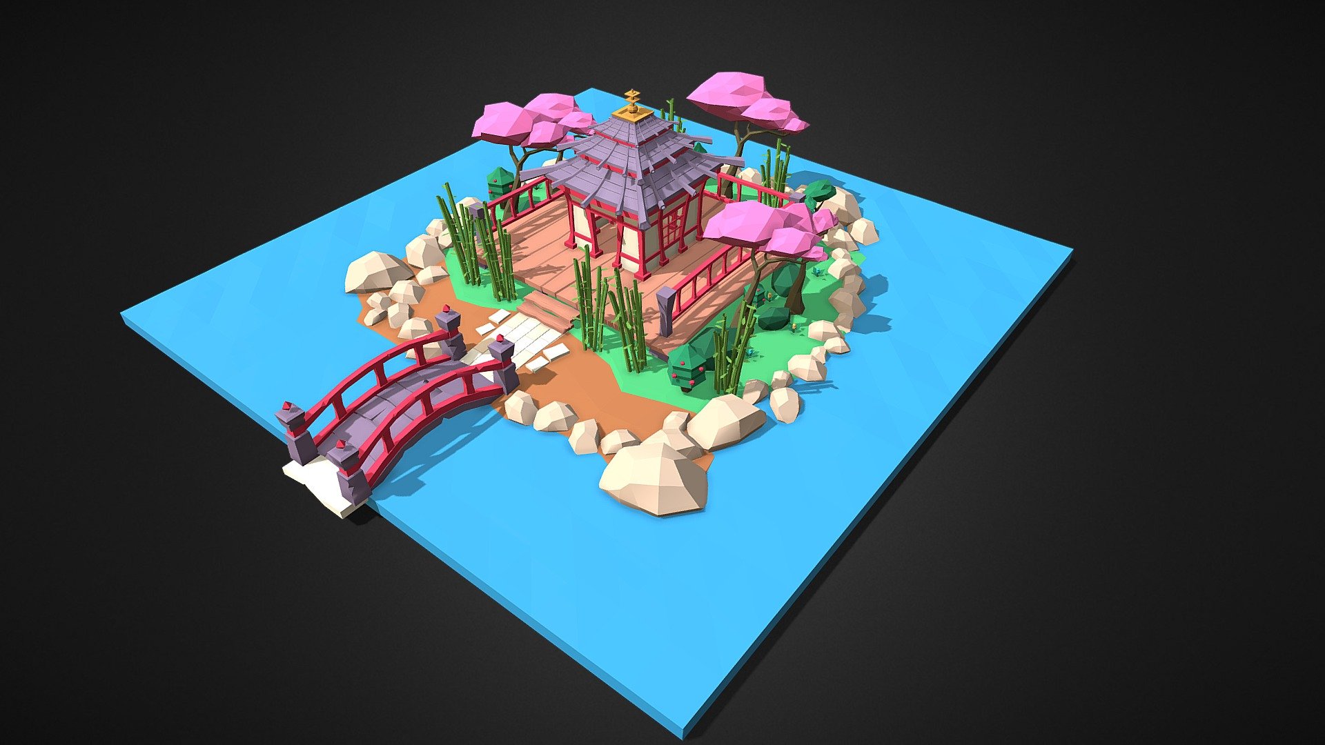Low poly Japanese retro pavilion pond scene